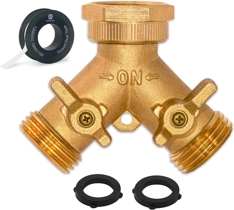 Morvat Brass 2-Way Y Splitter LEAD-FREE, Heavy-Duty Garden Hose Manifold Connector with Improved Comfort Grip ON/OFF Valves, Adapter for Water Faucet & Spigot, Extra 3 Washers, Teflon Tape (1-Pack) - Image 1